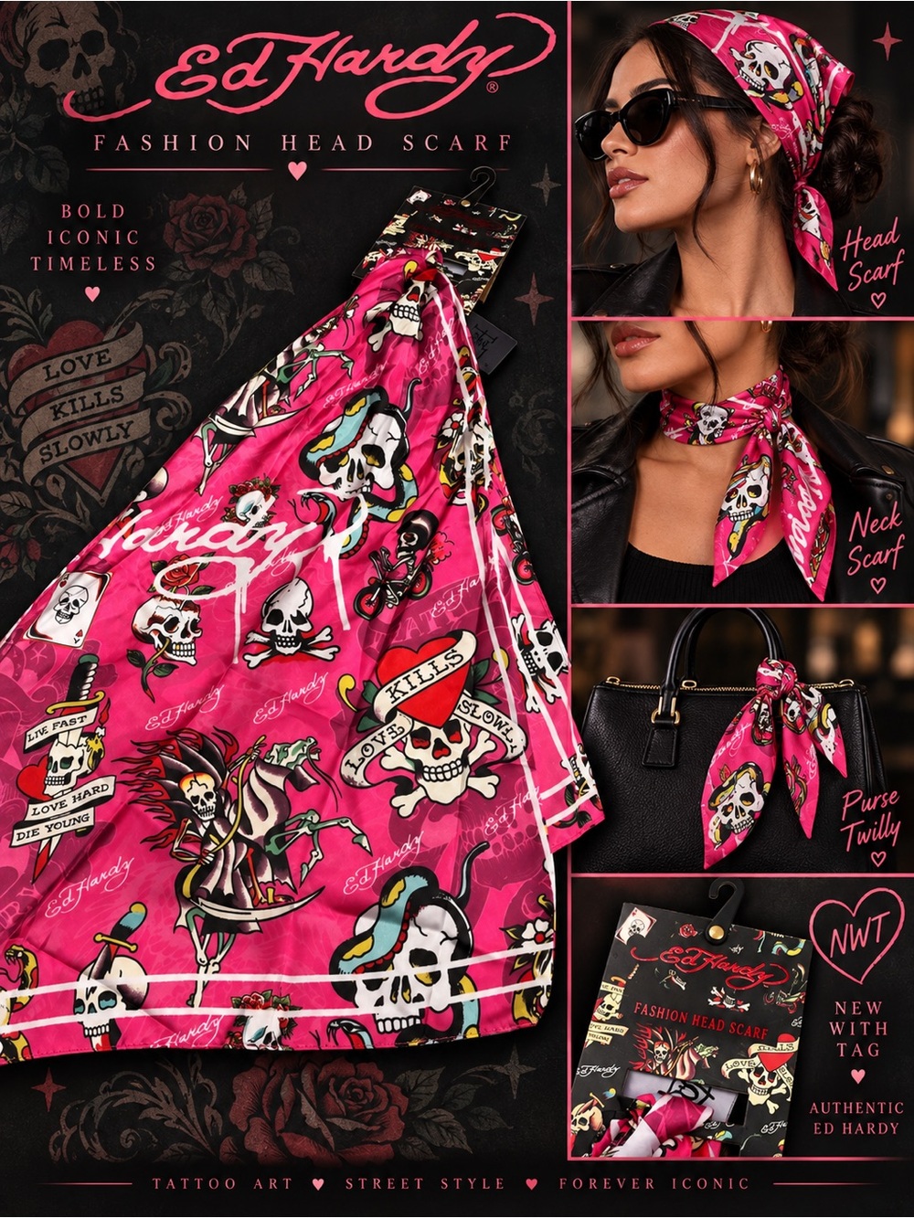 Ed Hardy Fashion Head Scarf Twilly Neck Scarf Purse Wrap Pink